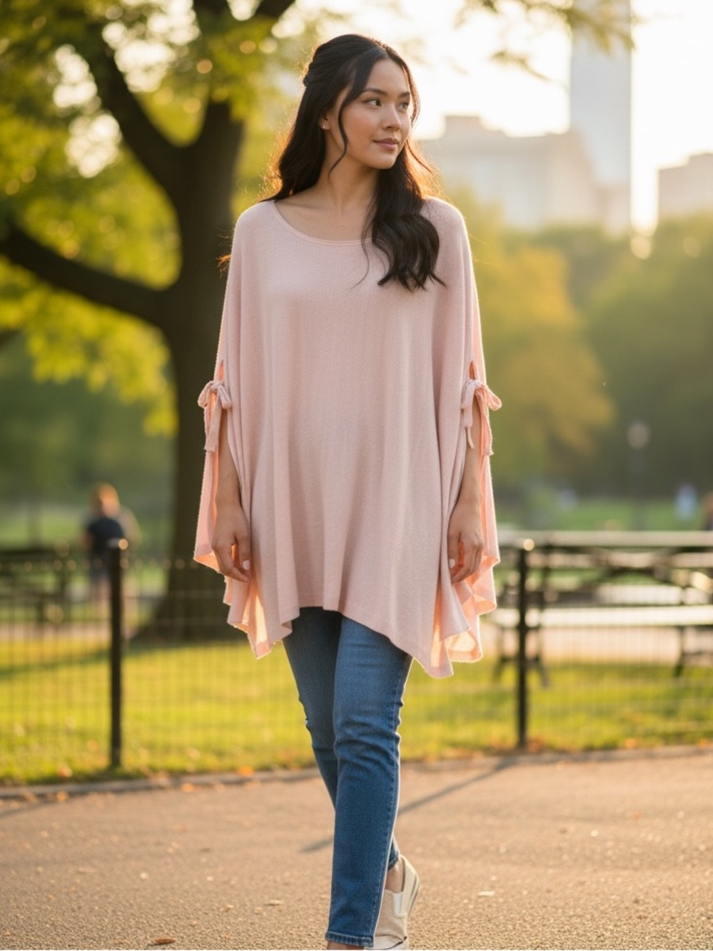 Umgee Blush Pink Oversized Tunic Bell Sleeve Tie Top Boho Lightweight Sweater